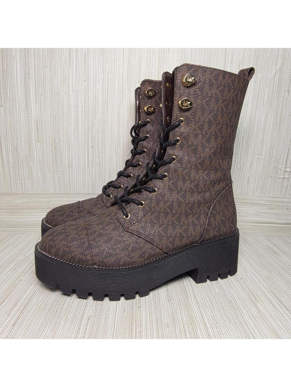 Michael Kors Monogram Lace-Up Combat Boots Brown Logo Platform Women's Size 5.5M